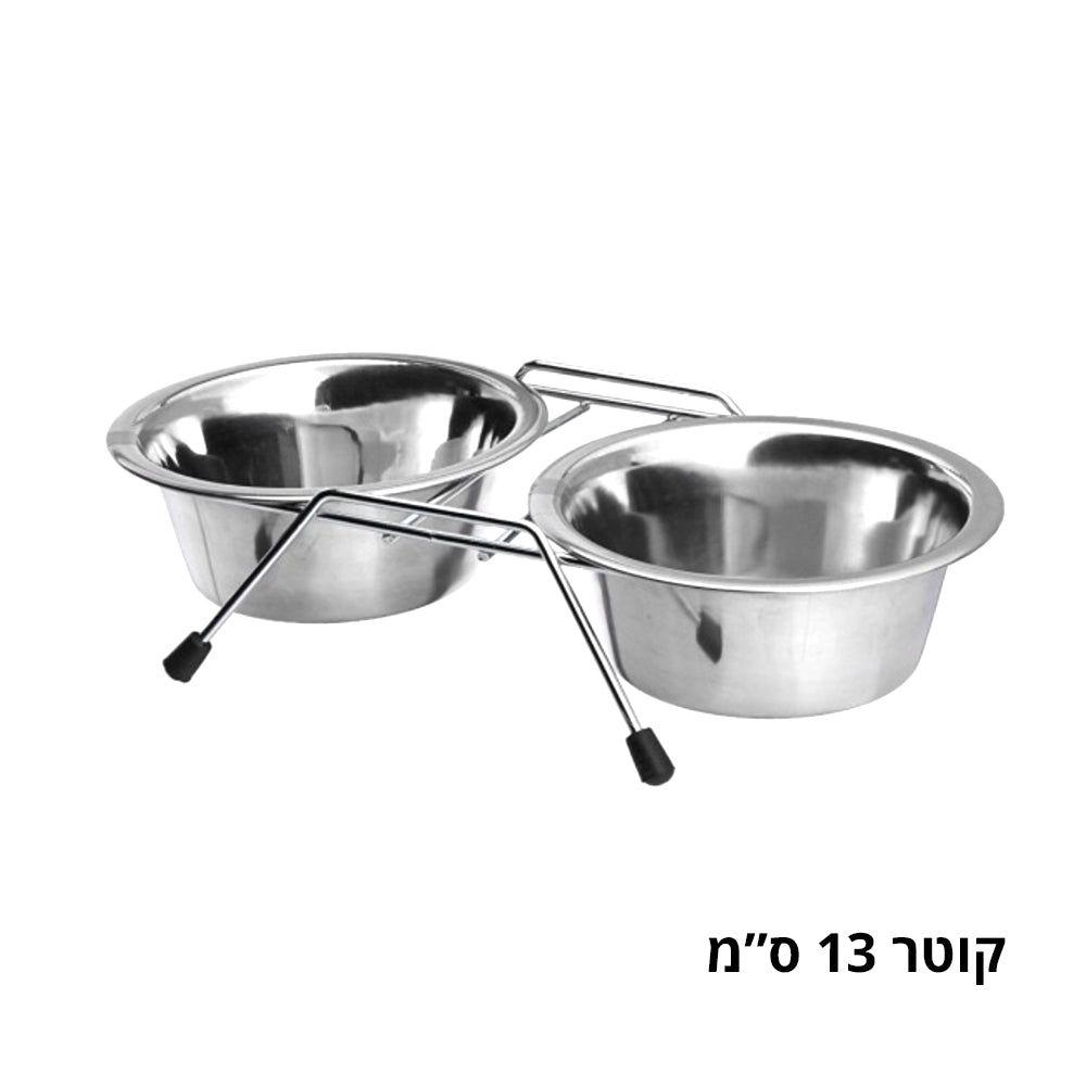 A floor stand that includes a pair of stainless steel food bowls