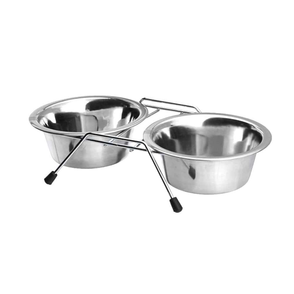 A floor stand that includes a pair of stainless steel food bowls