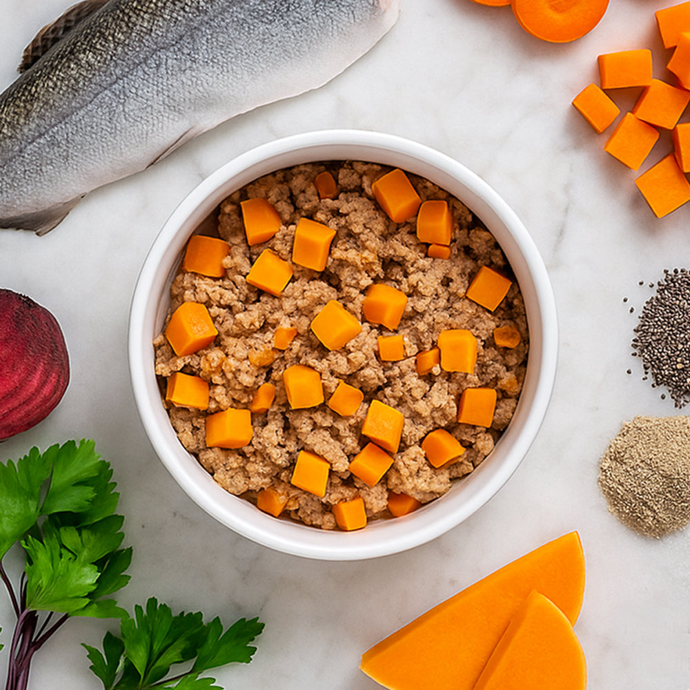 דגים ובקר עם ירקות ועשבי תיבול אוכל כלבים > מזון טבעי Biodog