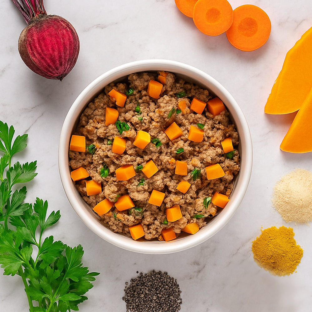 ברווז והודו עם ירקות ועשבי תיבול אוכל כלבים > מזון טבעי Biodog