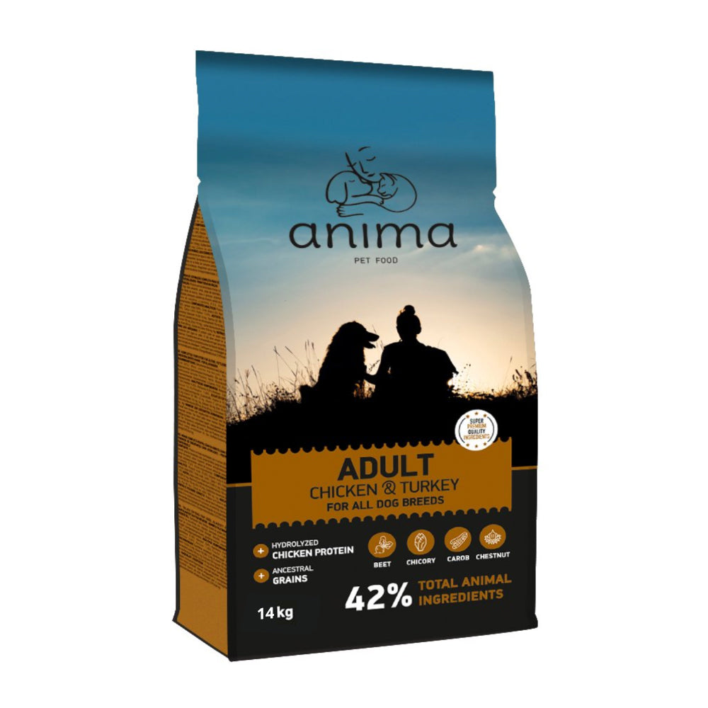 Food for adult dogs with chicken and turkey A bag weighing 14 kilograms