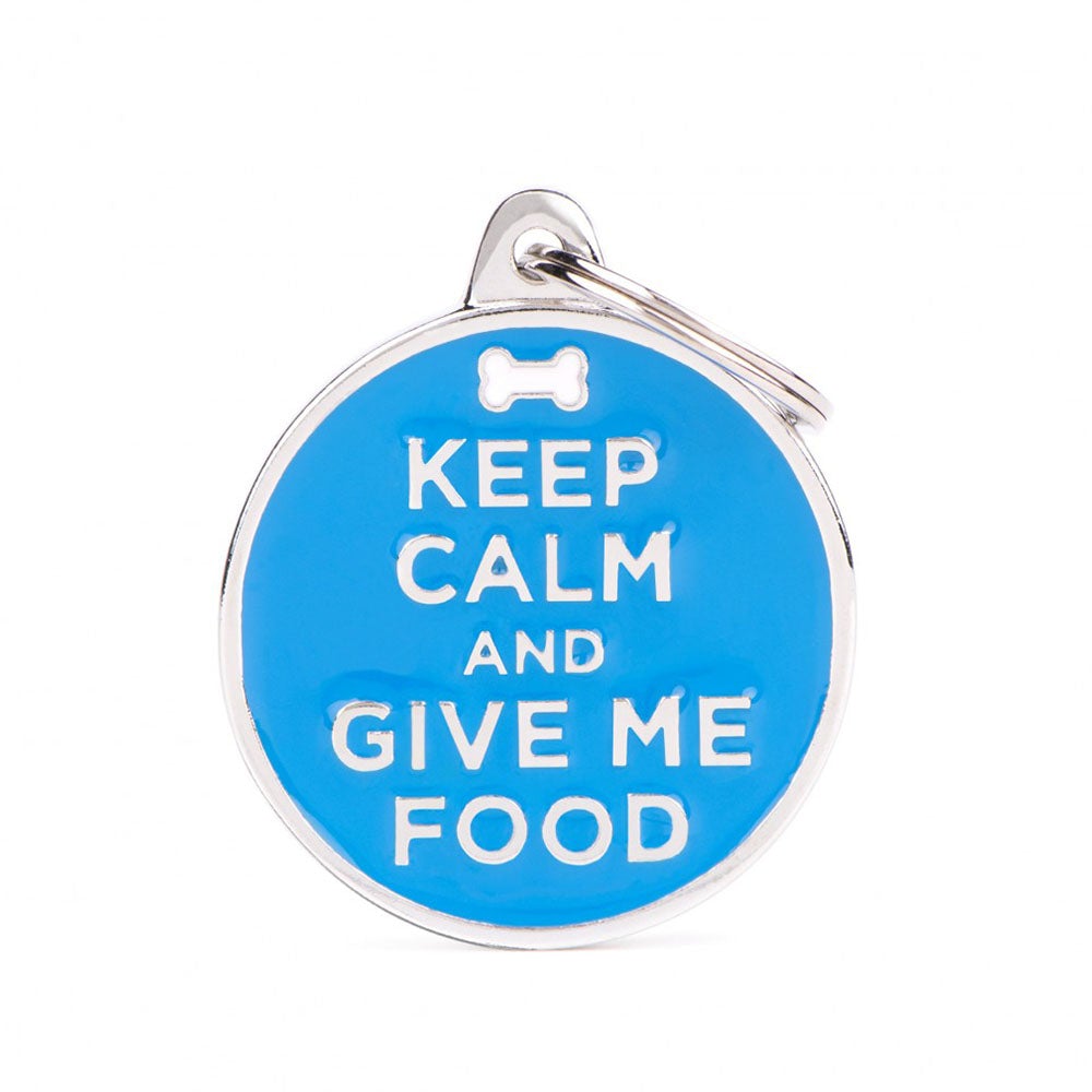 תג שם לכלב עם חריטה צארמס KEEP CALM AND GIVE ME FOOD-CH17